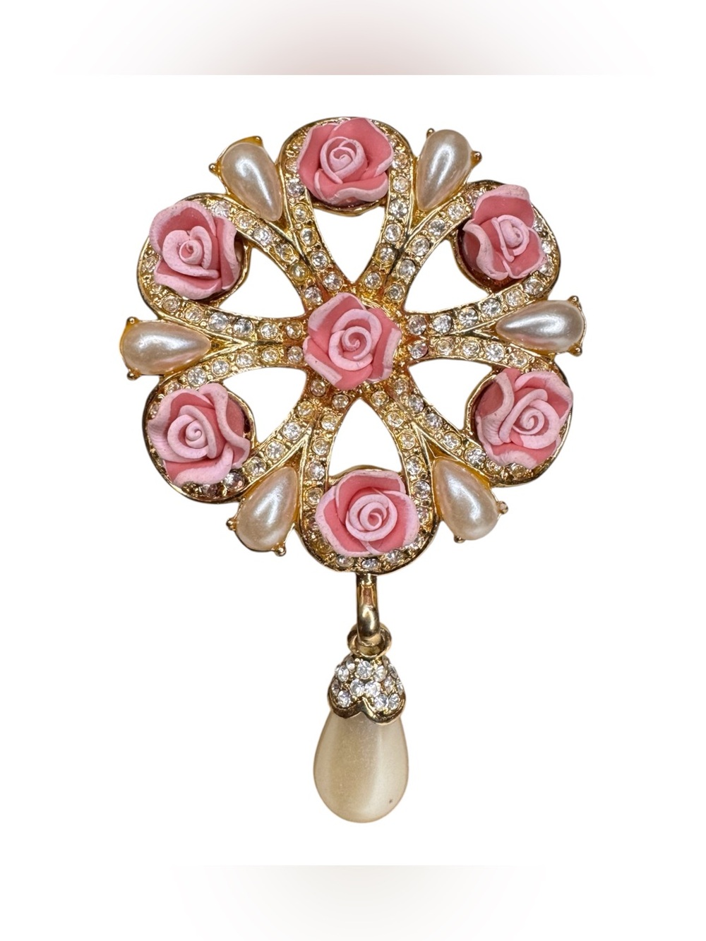 Vintage Gold-Tone Pink Rose & Pearl Drop Brooch/Pendant